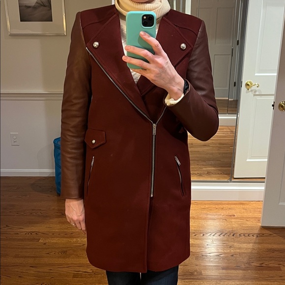 Zara Wool and Leather Burgundy Coat - Picture 2 of 5